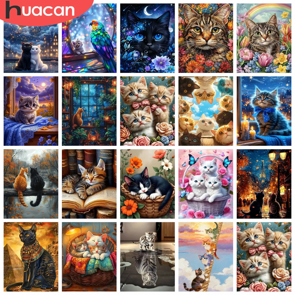HUACAN 5d Diy Diamond Mosaic Cat Flower Animal Diamond Painting Full Square Round Drill Handmade Home Decor Art