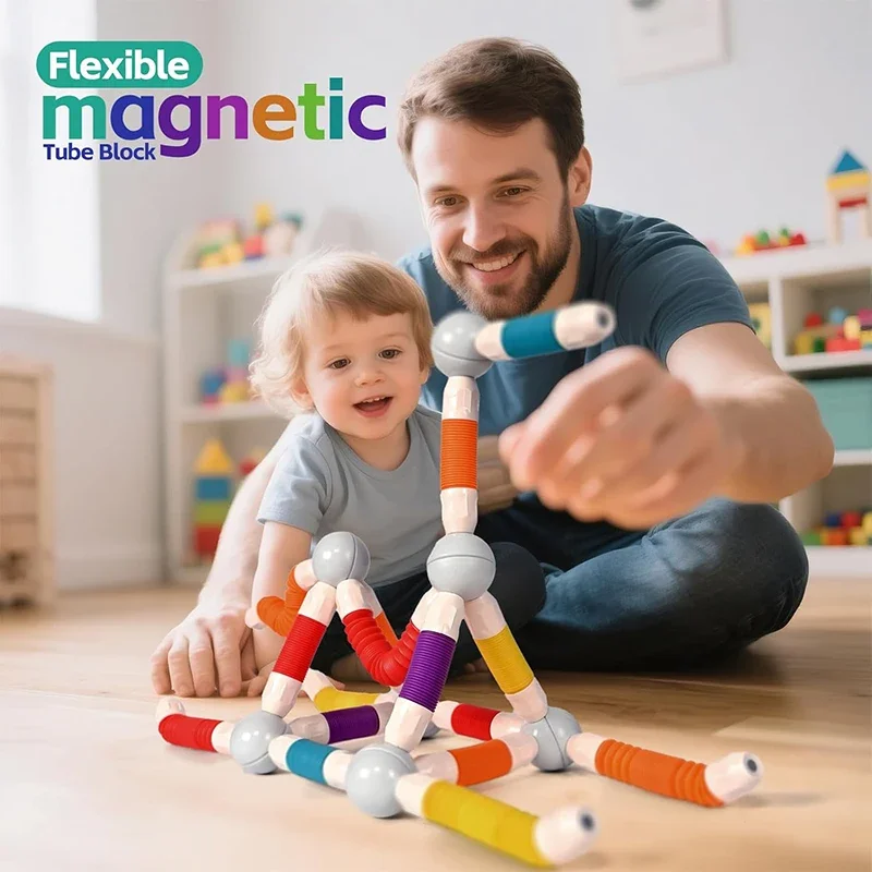 Children Magnetic Stick Building Toy Set Variety Flexible Retractable Magnetic Rod Tube Block Educational STEM Sensory Toys Gift