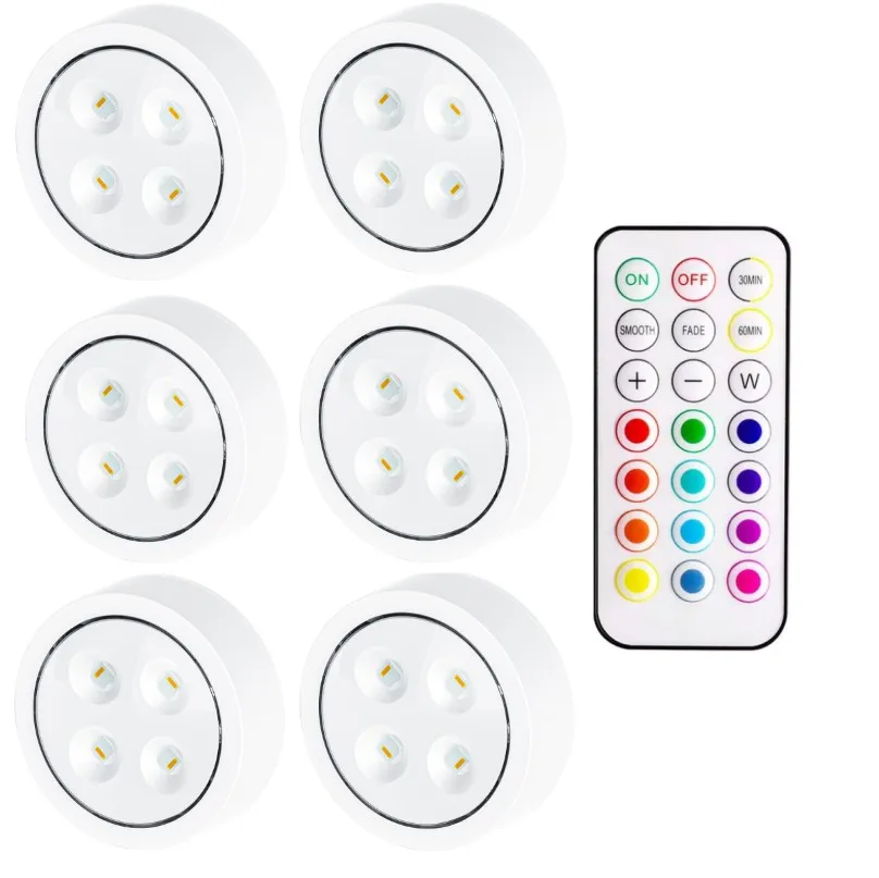 Wireless Under Cabinet LED Lights For Kitchen RGB Color Changing Puck Night Light Remote Control Closet Lamp Battery
