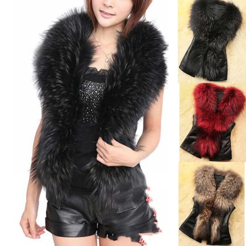 Ladies Slim Fit Faux Fur Fleece Jackets Vest Autumn Winter Soft Furry Sleeveless Cardigan Outerwear Women's Leather Tanks Coats