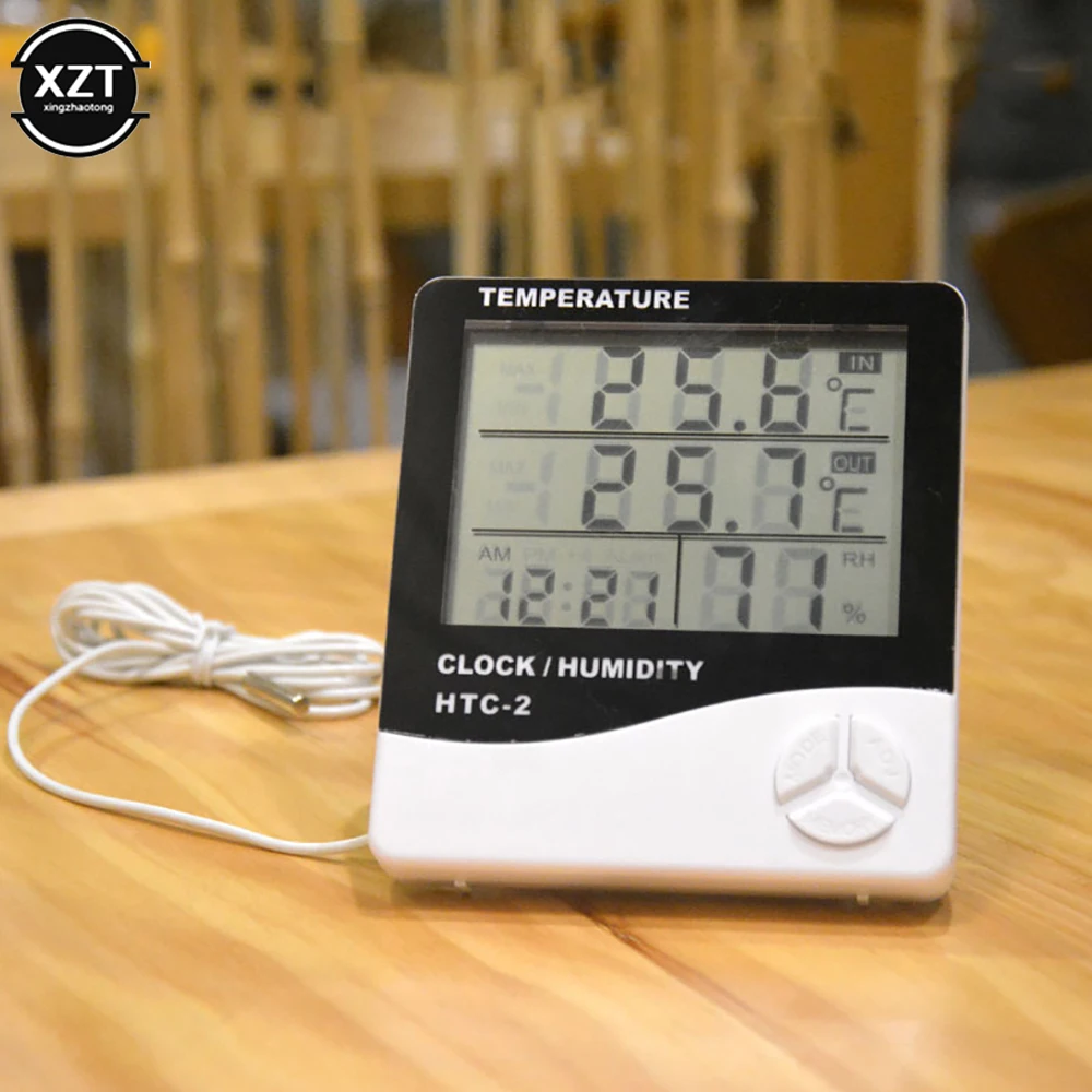 New LCD Electronic Digital Temperature Humidity Meter Indoor Outdoor Thermometer Hygrometer Weather Station Clock HTC-2