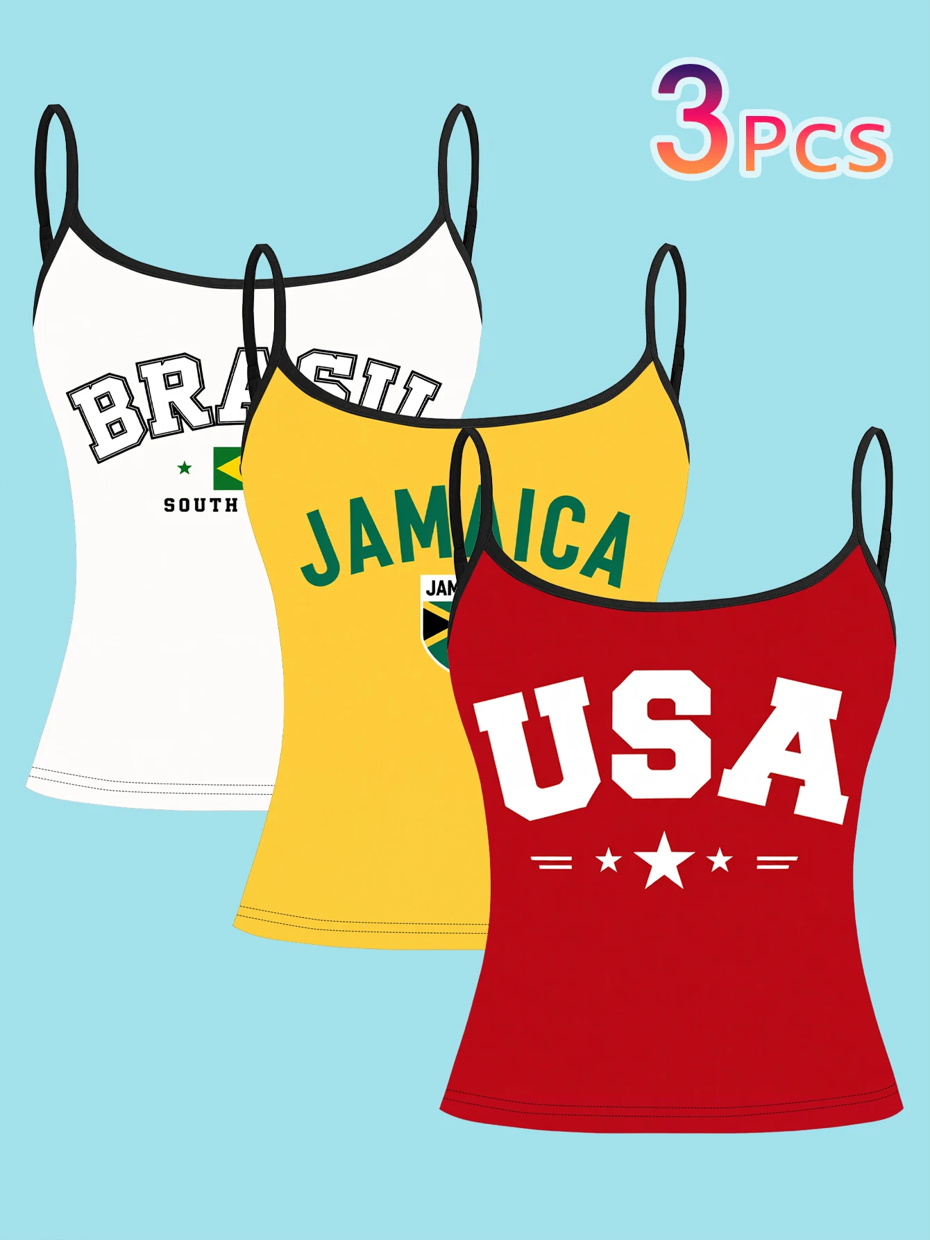 3-Piece Set of Women's Camisoles with Brazilian, Jamaican, and American Flag Prints, Summer Slim-Fit Spaghetti Strap Tops, Stylish Inner Wear