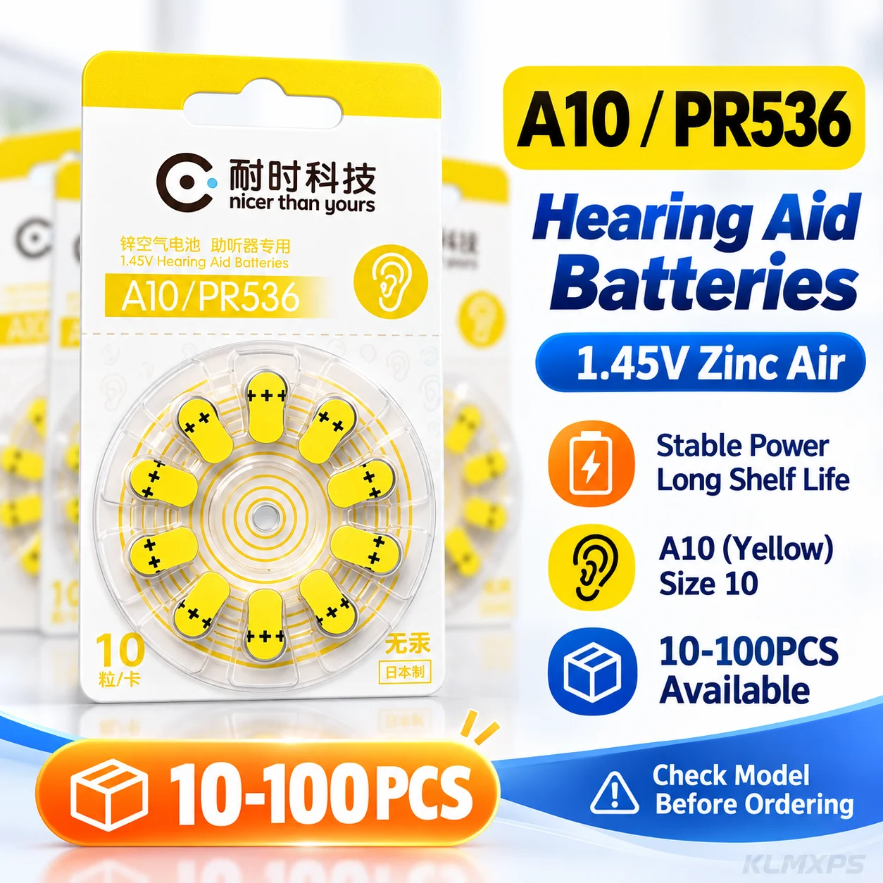 A10 PR536 Zinc Air Hearing Aid Batteries 1.45V 80mAh Size 10 Replacement Battery for Hearing Aids