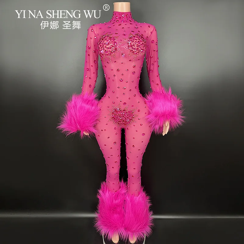 Vrouwen Sexy Mesh Bodycon Veren Stralende Kristallen Jumpsuits Nachtclub Party Verjaardag Prestaties Kostuum Stadium Slijtage Guibin