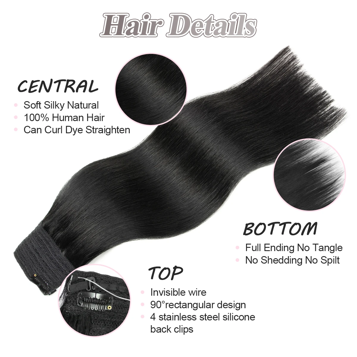 MRS HAIR Jet Black Fish Line Wire Hair Extensions Invisible Clip in Human Hair Extensions 4 Clips Real Natural Hair 12-24Inch - view 2