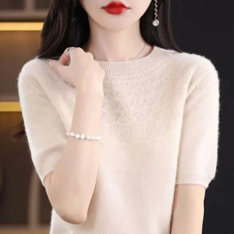 Round Neck Half Sleeve Screw Thread Solid Color Women\'s Clothing Pullover Sweater Knitted Casual Fashion Office Lady Tops