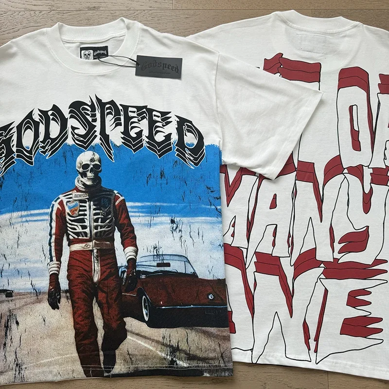 

American Classic Skeleton Print GOD SPEED White Short Sleeve T-shirt Summer Oversized Pure Cotton Men's Godspeed Top Tee
