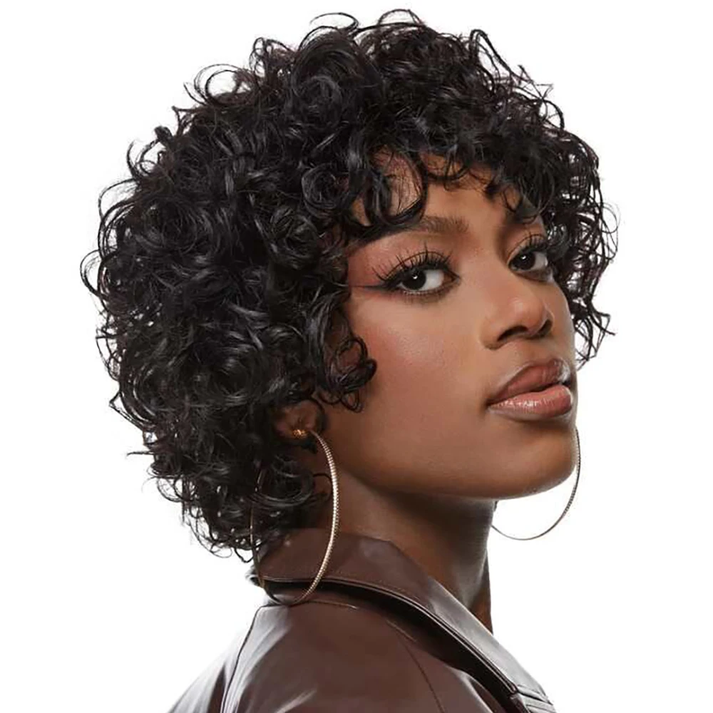 رطب ومموج قصير مجعد عابث قطع شعر مستعار البرازيلي خصلات الشعر المستعار الإنسان مع الانفجارات قبل قطعها للنساء آلة صنع جاهزة لارتداء #4