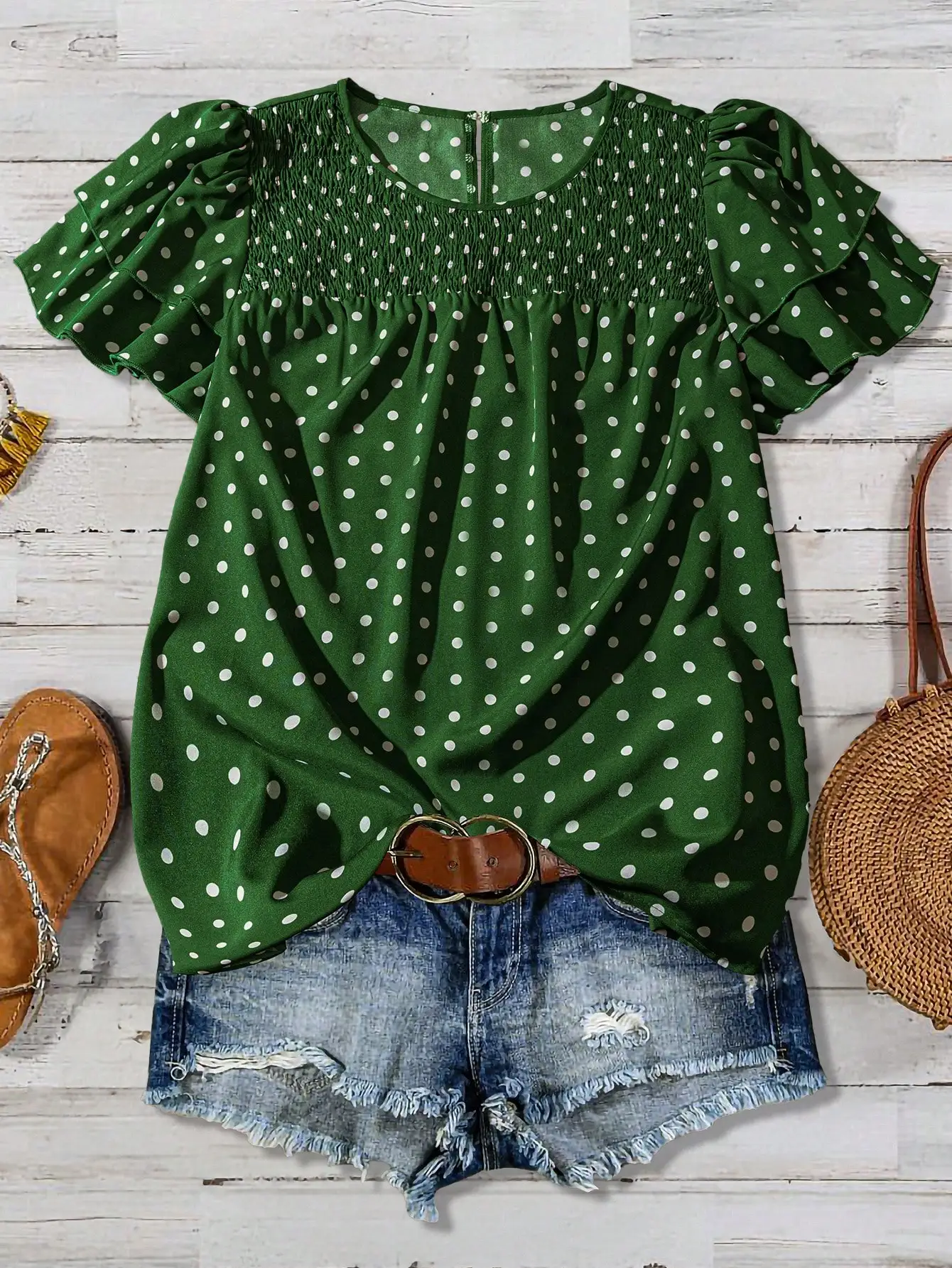 

Green Polka Dot Ruffled Puff Sleeve Casual Blouse For Women
