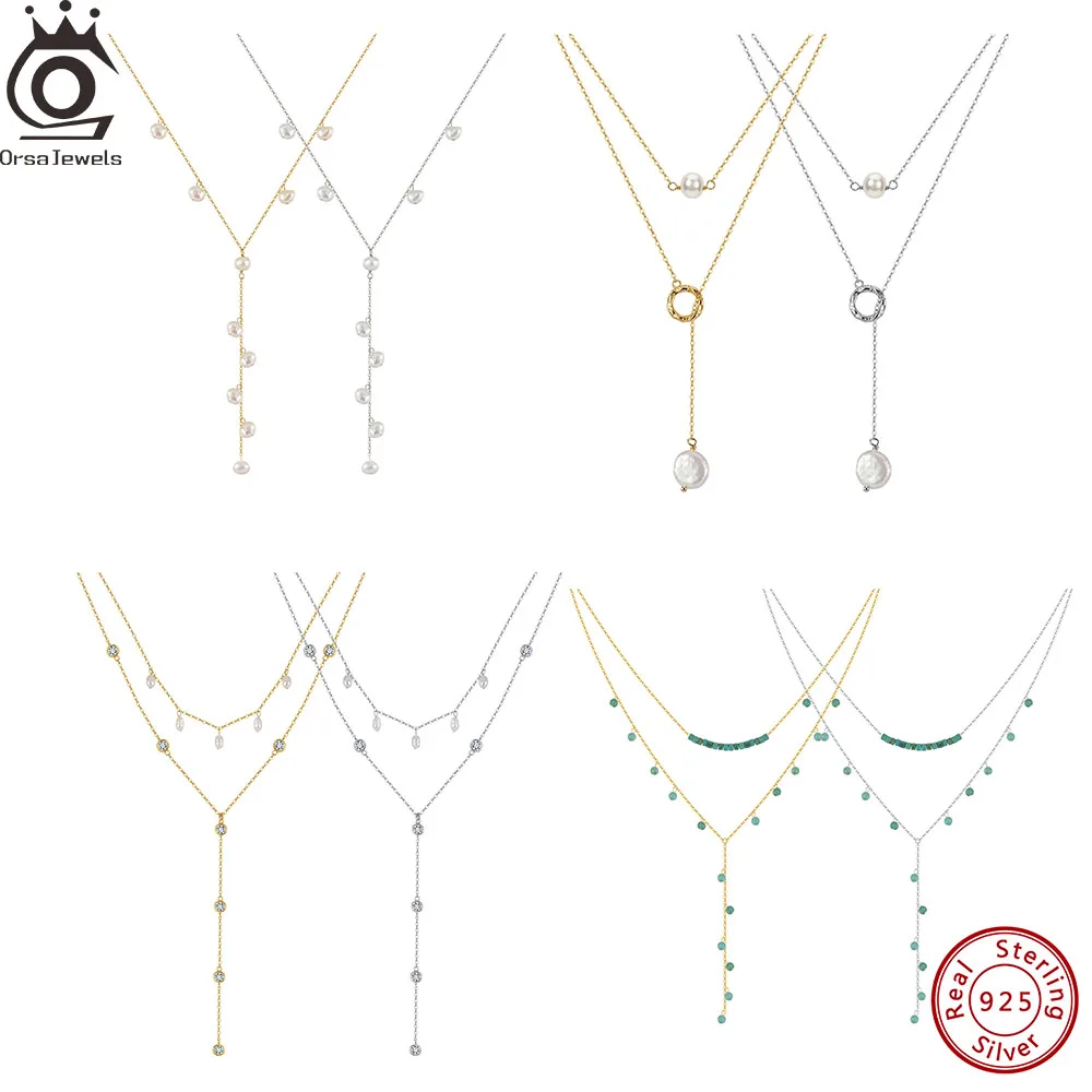 

ORSA JEWELS 925 Sterling Silver Zircon Natural Pearl Y Lariat Drop Pendant Necklace Y Long Chain Summer Fashion Jewelry Gift BQ