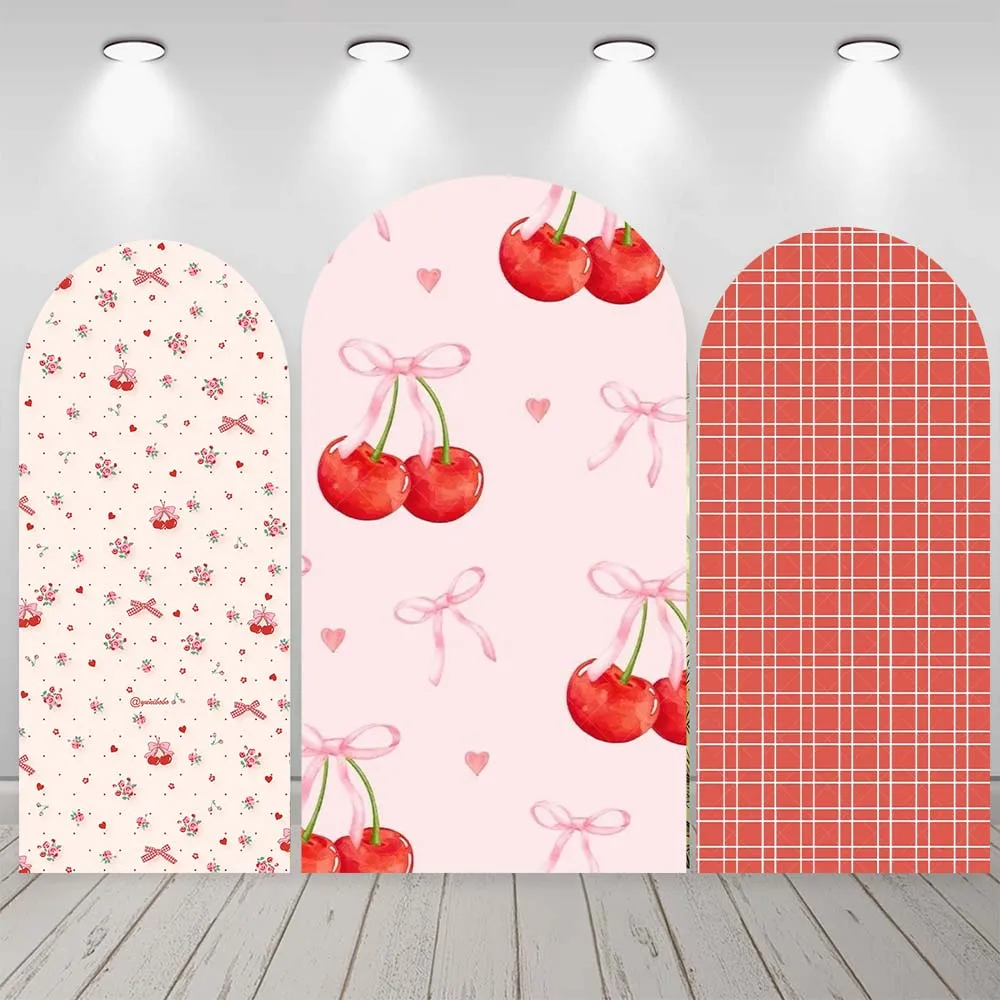 

Cartoon Cherry Bow Red Plaids Arch Backdrop Custom Girl Kids Birthday Party Decor Cover Baby Shower Photography Background Prop