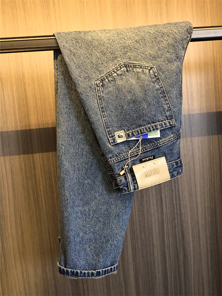 

Waed White Straight Leg Casual Jeans Men's Pure Color Faionable Elastic Cotton Denim mid Waist Long Trousers Autumn Wear