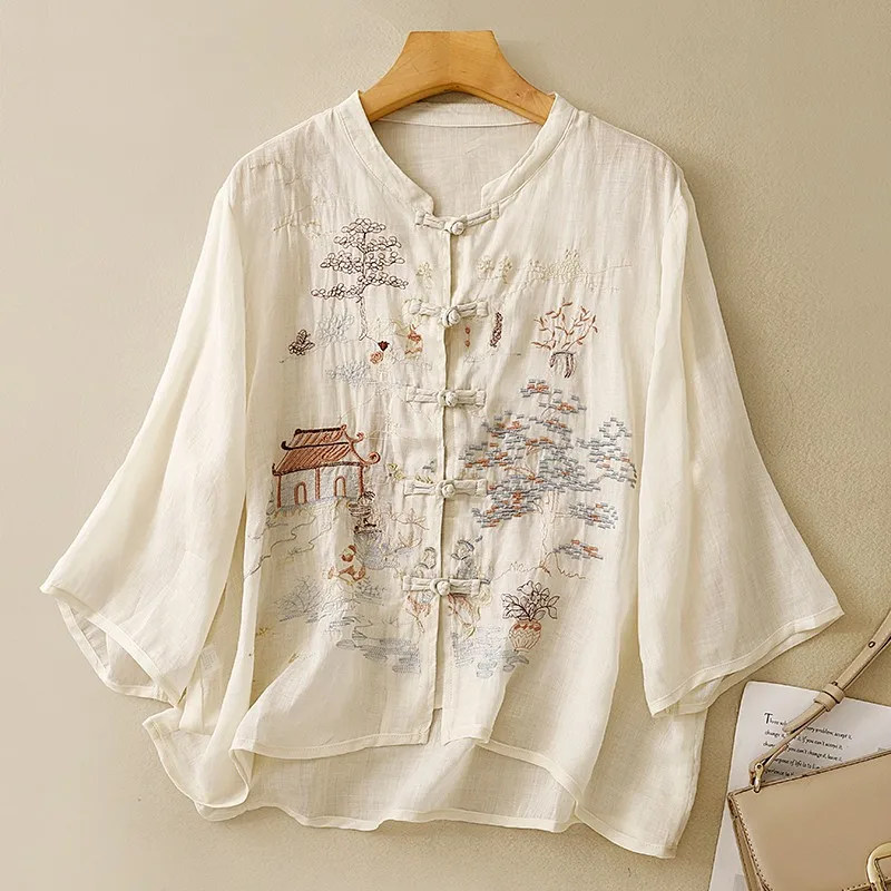 

2024 Spring Summer New Arts Style Women 3/4 Sleeve Loose Casual Shirts Vintage Embroidery Cotton Linen Blouse Female Tops P693