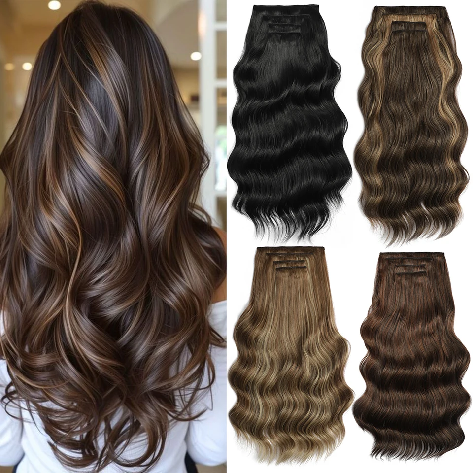 Extensiones de cabello con clip, onda natural con reflejos, 22 pulgadas, 4 piezas, 220g, fibra sintética resistente al calor 3