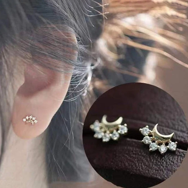 Echte 925 Sterling Zilveren Mini Zirkoon Maan Oorknopjes Voor Vrouwen Feest Korea Fijne Sieraden Minimalistische Leuke Trendy Accessoires