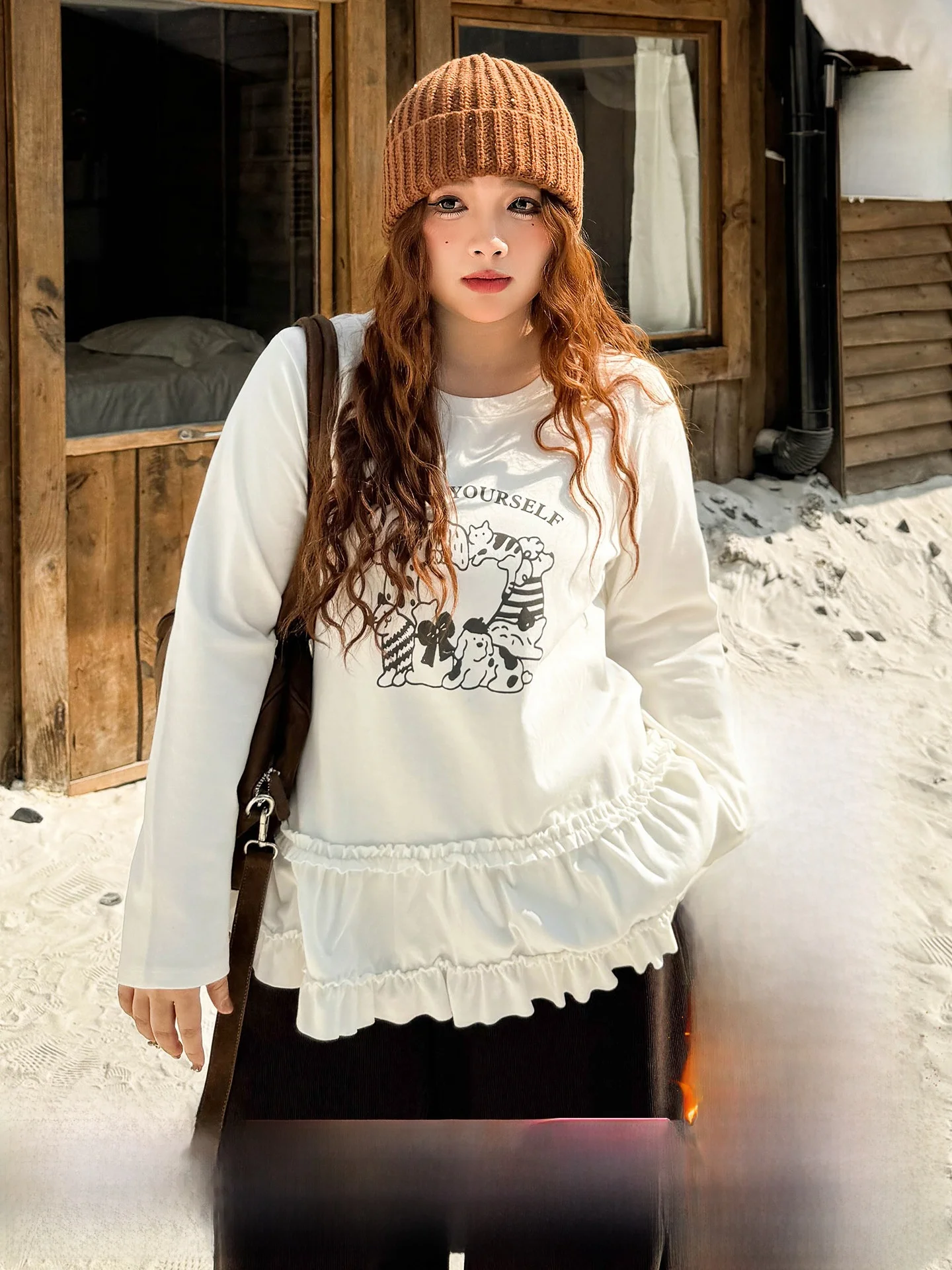 

plus Size Women's Cartoon Print Long Sve T-irt Autumn Winter Fluffy ab Base irt Korean Sle Loose Fit Breathable Co...