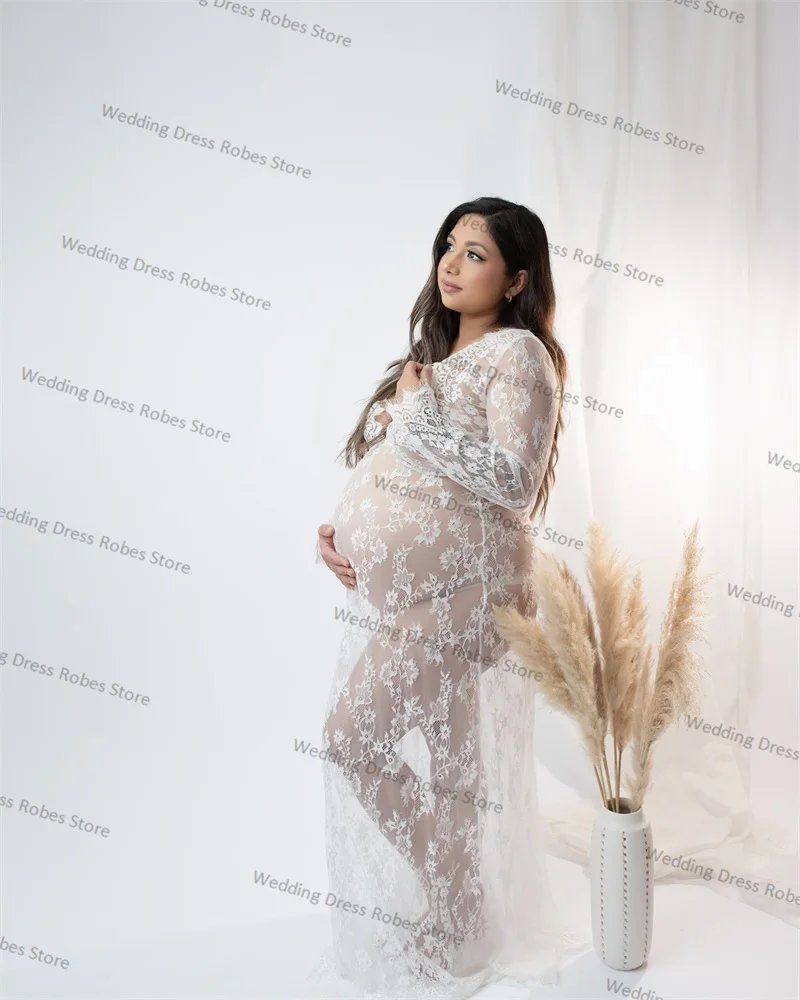 

White Lace Women Prom Maternity Dresses for Photo Shoot Robe Full Sleeves Pregnant Sleepwear Wedding Nightgown Tailored Made