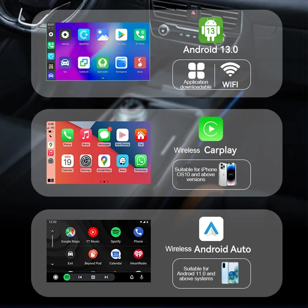 

Проводной и беспроводной адаптер CarPlay 3 в 1, автомобильный адаптер Android 13.0 Youtube Nexflit Cars Smart Ai Box Bulit in Play Stroe