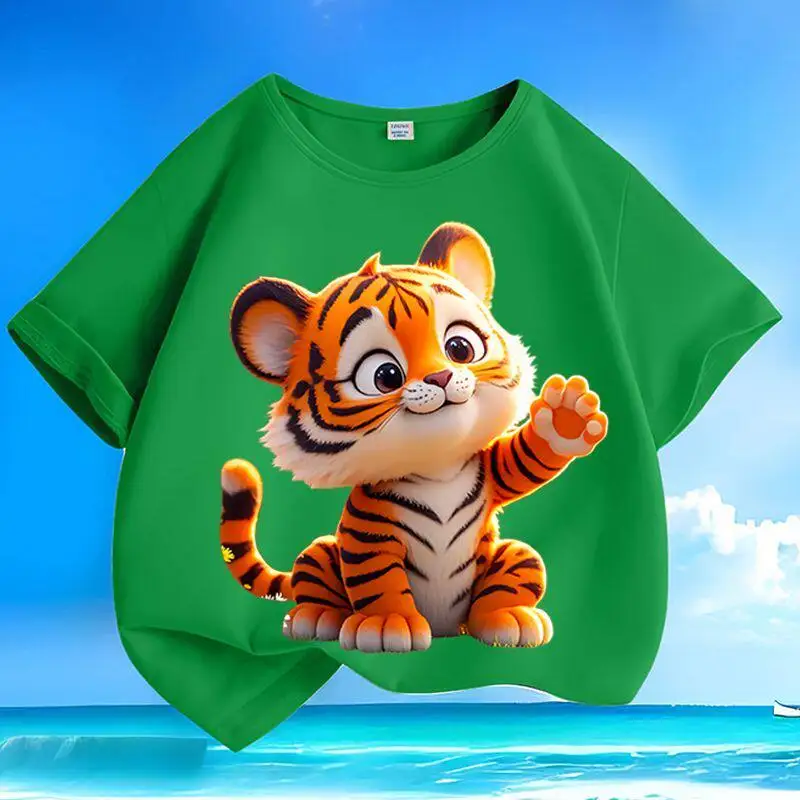 Cute New Summer Cute Tiger Pure Cotton Printed Trendy Children's Round Neck T-shirt Loose Parent-child Top