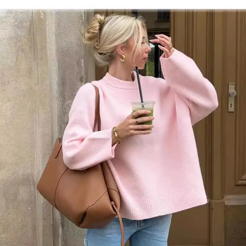 Pink Sweet Autumn Winter Women Warm Knitted Jumper New Round Neck Pullover Tops Loose Casual Long-sleeved Bottomed Sweater Women