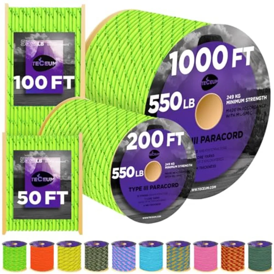 

Reflective Paracord Rope 1000 1000ft/200ft/100ft/50ft 40+ Colors Glow in The Dark para Cord Utility Rope for Survival, Hunting