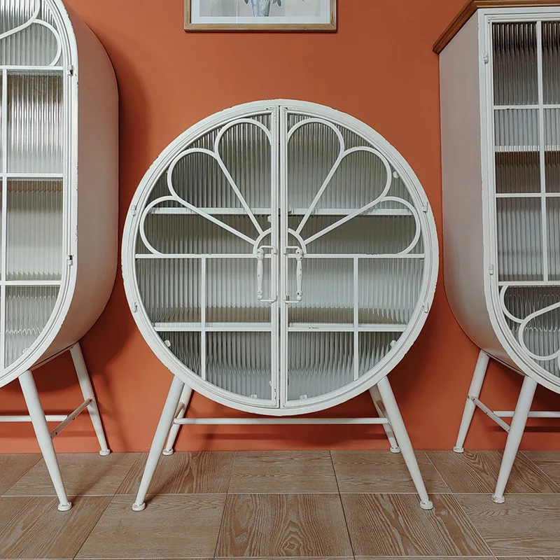 

French cream style wrought iron retro wall semi-circular wine cabinet floor-to-ceiling vertical side cabinet Iron circular locke