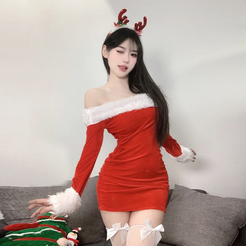 Red Christmas Uniform Open Back Tight Fitting Dress Sexy Costumes Red Christmas Dress Santa Cosplay Clothing Dresses Sweet Girls