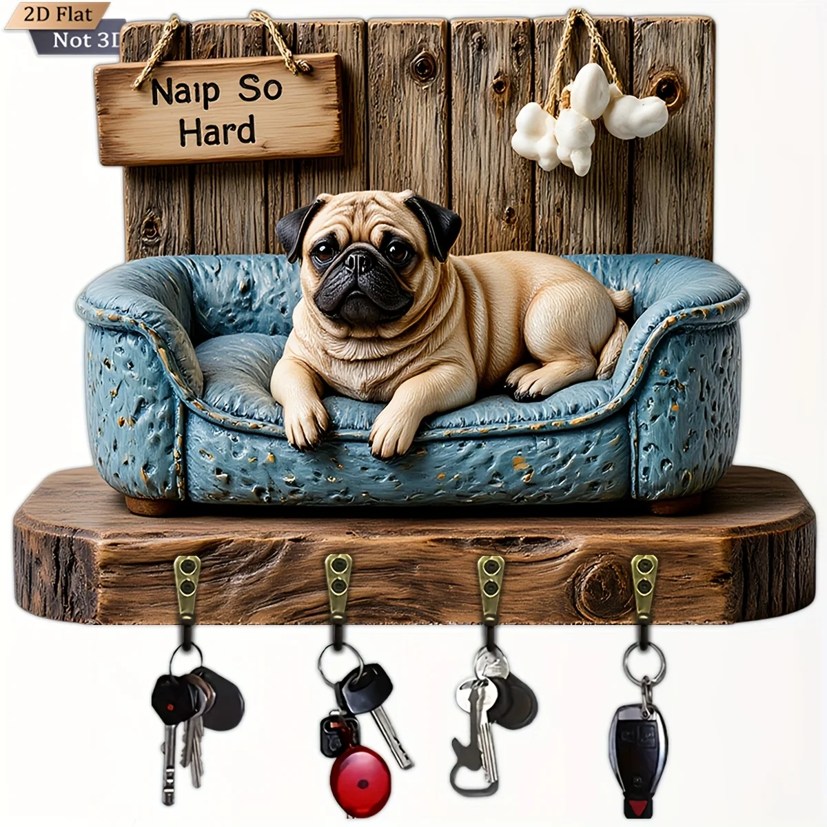 2D Flat, 1pc, Pug Sofa Shaped Key Hook Wooden Multifunctional Home Key Holder with Four Metal Hooks, Wall Decoration, Porch
