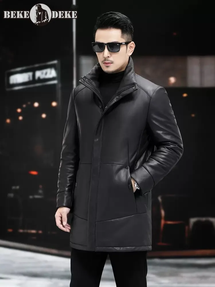 Business Casual Stand Collar Thicken Warm Mens Down Coat Zipper High Street Sheepskin Overcoat Male Winter Black Long Jacket