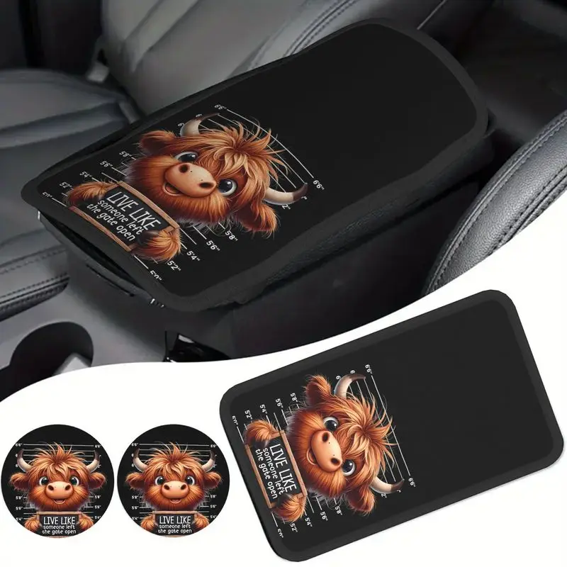 1Pc Car Armrest Cover + 2Pcs Cup Coasters, Cute Highland Cow Mugshot Print, For Car Interior