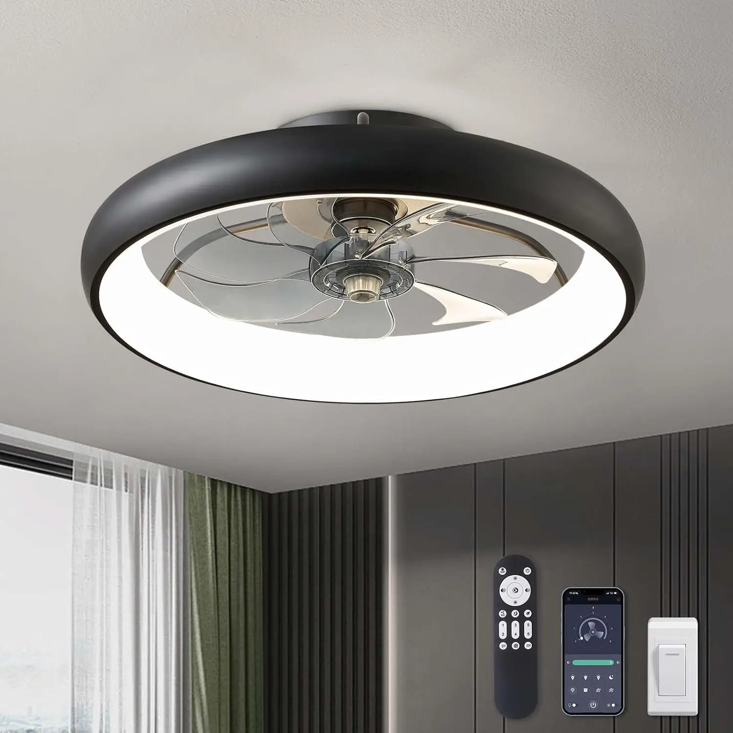 

Ceiling Fans with Lights, Ceiling Fan with Remote & APP Control, Black Low Profile Ceiling Fan with 6 Wind Speed