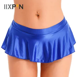 Women Sexy Glossy Ruffled Skirt Solid Color Briefs Panties Low Rise Miniskirt Pool Party Beach Bikini Bottoms Cover Ups Swimwear