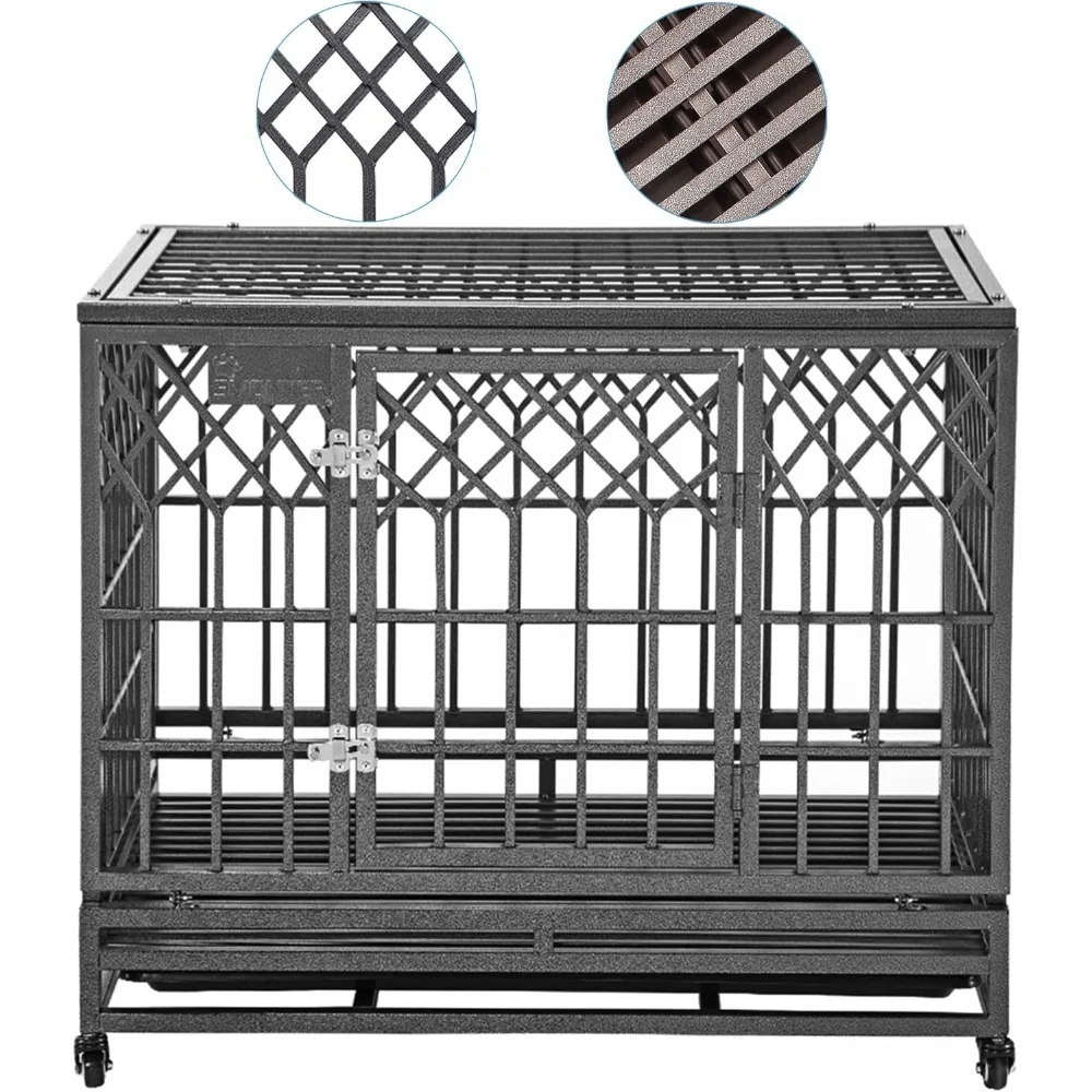 

Heavy Duty Dog Cage for Large Dog Strong Metal Kennel and Crate Pet Playpen with Three Doors, Four Wheels,38 Inch,Y Shape,Silve