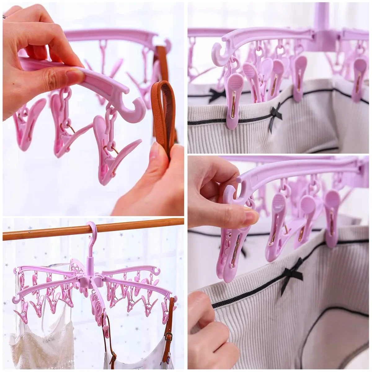 24 Clips Sock Drying Rack Plastic Laundry Clothes Hanger Rotatable Hanger Sock Dryer Convenient Clothes Drying Rack Folding Rack