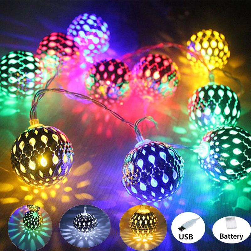 3M 5M LED Globe String Lights Moroccan Silver Metal Balls Battery USB Powered Wedding Christmas Outdoor Room Garland Decor