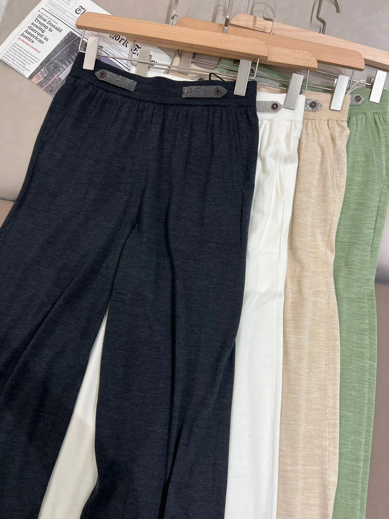 Casual knitted thin silk wool high elastic waist straight pants