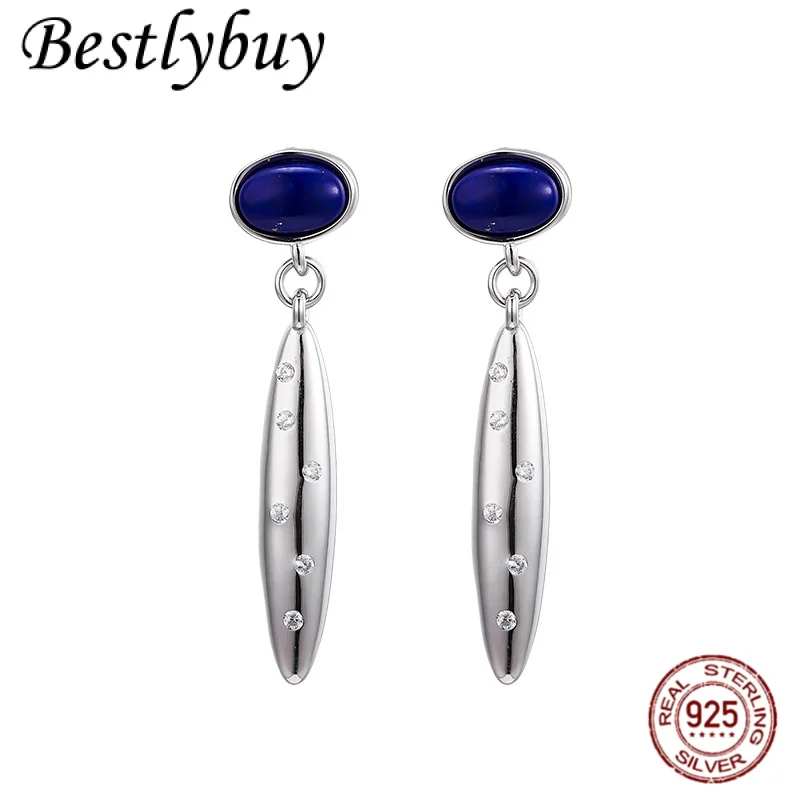 

925 Silver Minimalist Natural Lapis Lazuli Drop Shaped Pendant Earrings For Women's Original Fashion French Light Luxury Jewelry