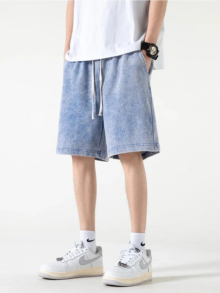 LIBIELIY 2024 New Distressed Summer Shorts Men 320G Heavy Cotton Drawstring Harajuku Loose Sweatshorts Male Casual Short Pant S