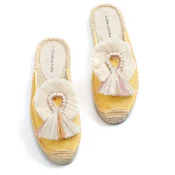 Damen-Hausschuhe, Espadrilles, Fluffy Ball Mule Slides Sale – Gummi-Hanf-Schuhe außerhalb der Frühlings-Damensandalen