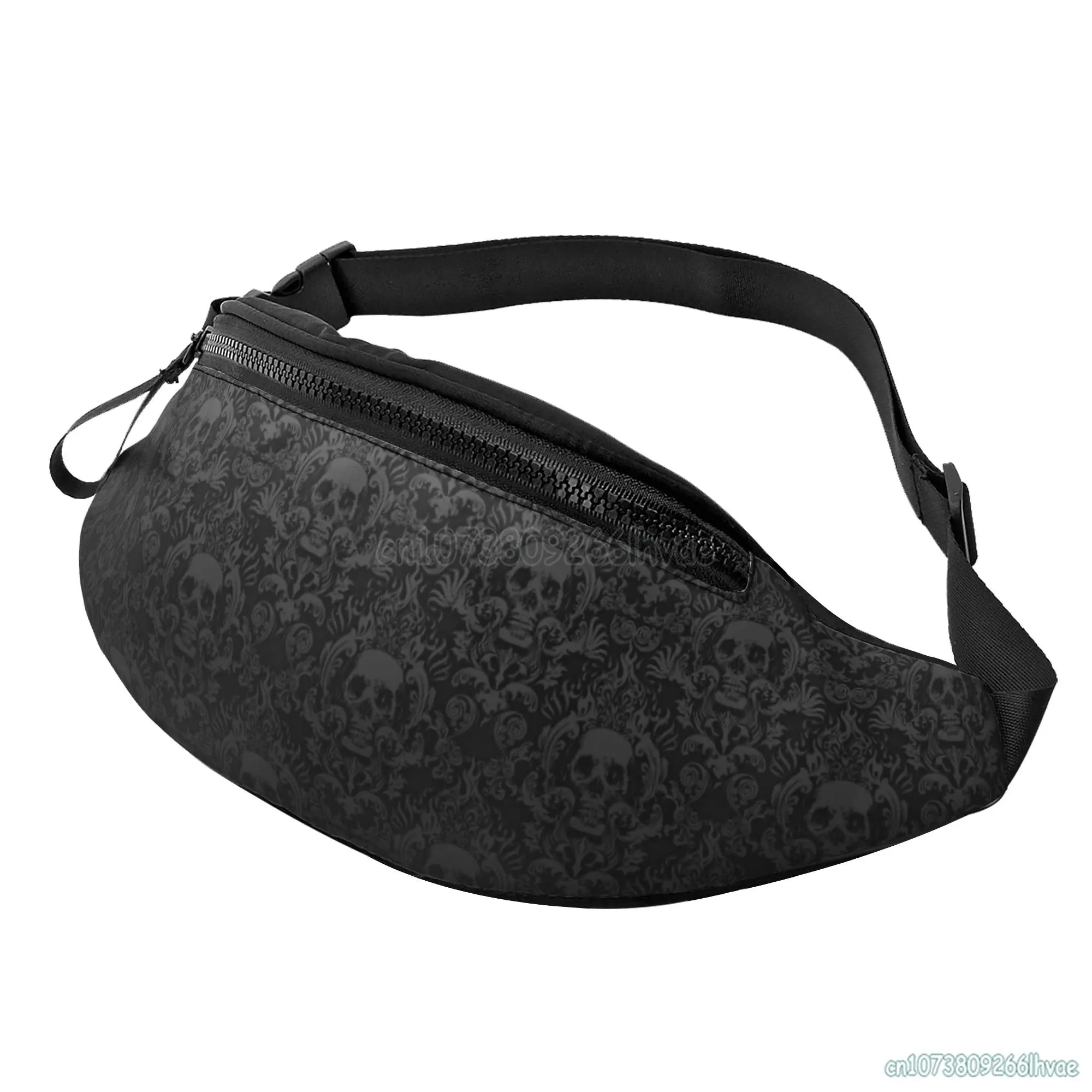 Gothic Black Skull Damask Fanny Pack dla mężczyzn Kobiety Saszetka biodrowa z paskiem Regulowana kieszeń na ramię Torba na ramię Crossbody