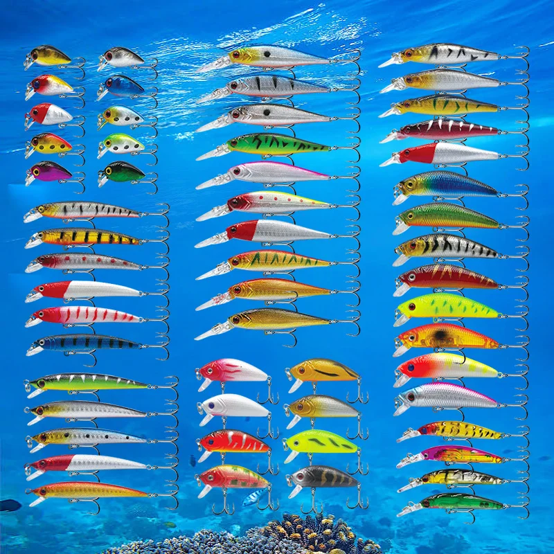 

Набор из 56 рыболовных приманок: воблеры, крэнки, свимбейты, жесткие попперы, крючки для форели и баса, для пресной и соленой воды