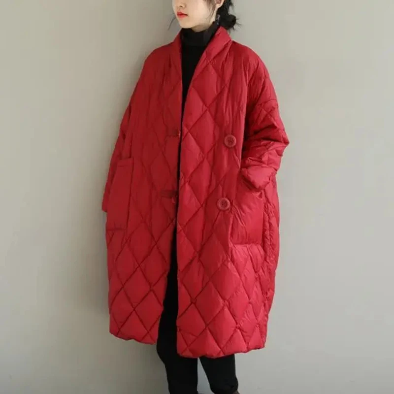 Winter Lightweight Women Casual Oversized Loose Down Cotton Jacket Plaid Stand Collar Padded Coat Vintage Midi Length Outwear