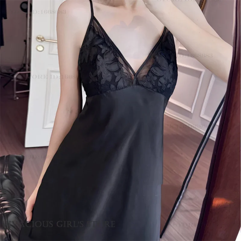 

Summer Suspender Nightgown Home Dressing Gown Sexy Patchwork Lace Nightdress Lingerie Black Satin Nighty Loungewear Nightwear