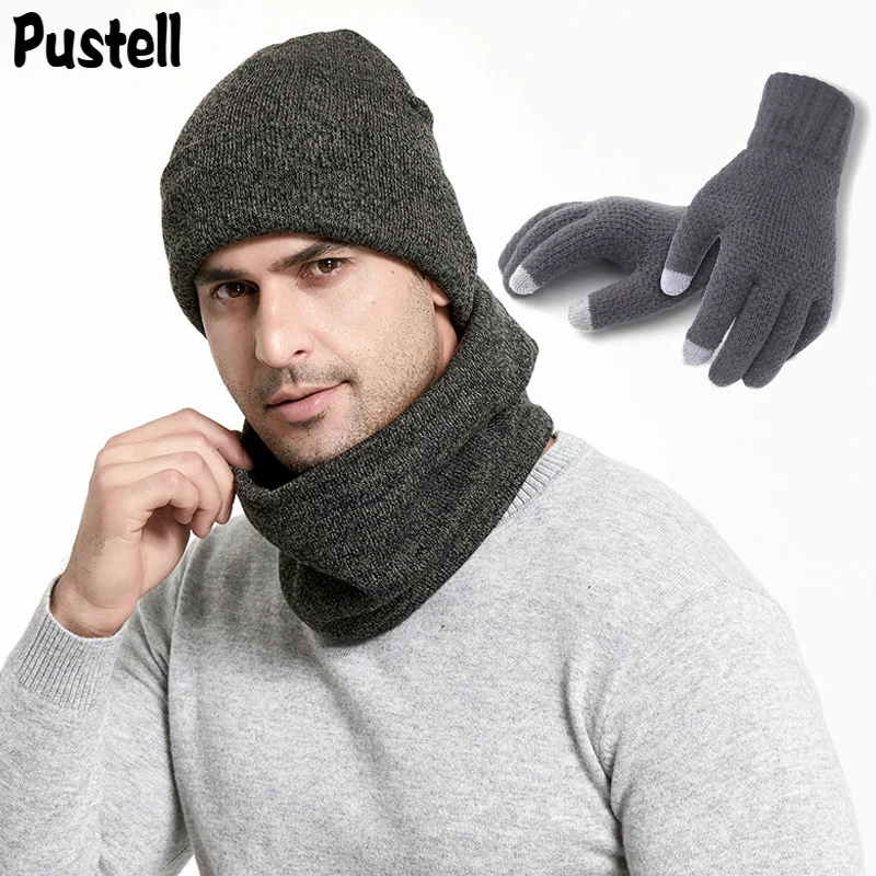 Inverno Uomo Cappelli Sciarpe Guanti Set di Modo Lavorato A Maglia Più di Velluto Cappello Della Sciarpa Kit Set Maschio 3 pezzi/set Berretti