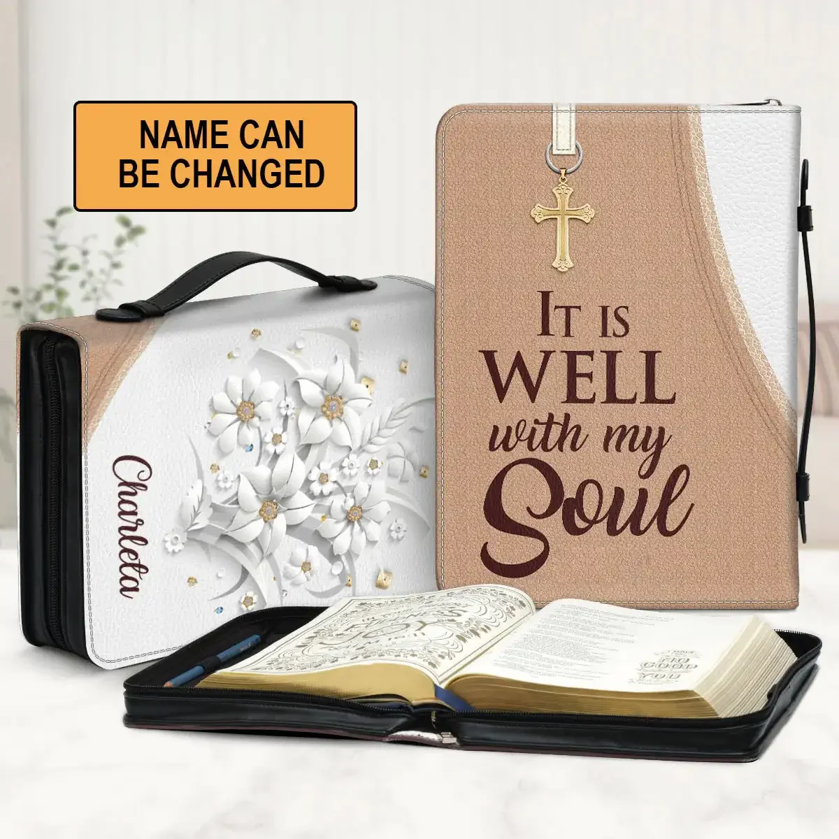 

PU Leather Bible Cover Zippered Handle Handbag It Is Well With My Soul Verse Print Personalized Gifts for Pastor Gifts For Women