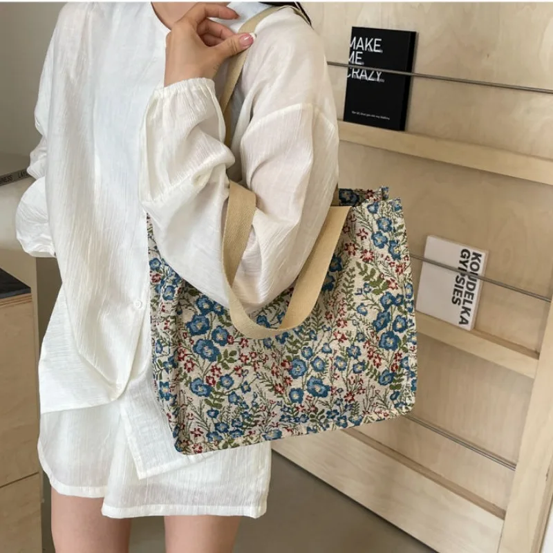 Tote Bags Women Floral Fashion Elegant Canvas Shoulder Bags All-match Portable Commuter Students Handbags Luxury Lazy Bolsos