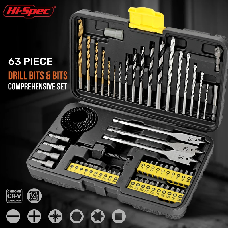 63pc Drill Bit & Driver Bit Set CR‑V Wood Metal & Masonry Drill Bits with Screwdriver Bits in Storage Case for Power drill