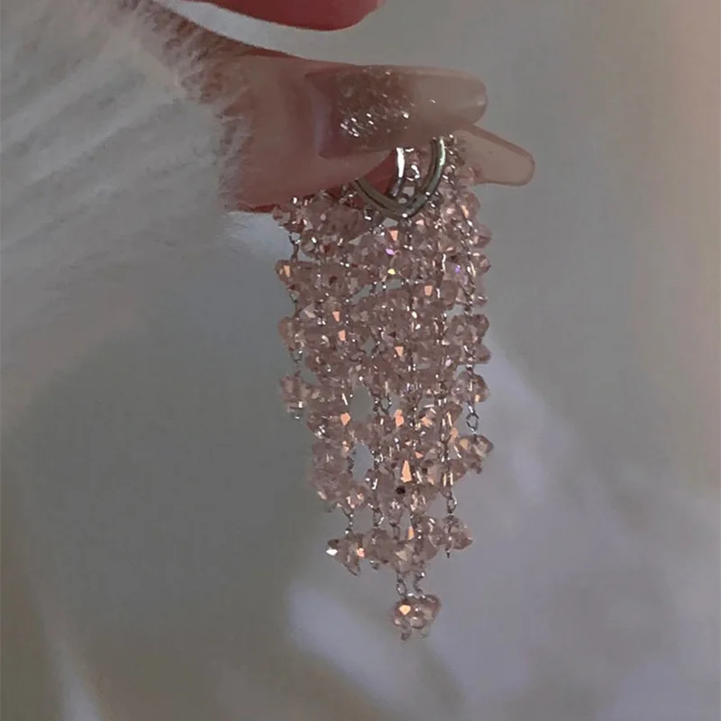 WLP New Korean Fashion Luxury Pink Rhinestone Tassel Drop Earrings for Women Sweet Long Zircon Dangle Wedding Earring Jewelry