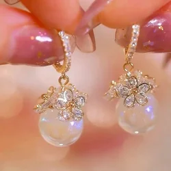 2024 New Elegant Zircon Flower Pearl Drop Earrings for Women's Trendy Exquisite Temperament Ladies Wedding Party Premium Jewelry