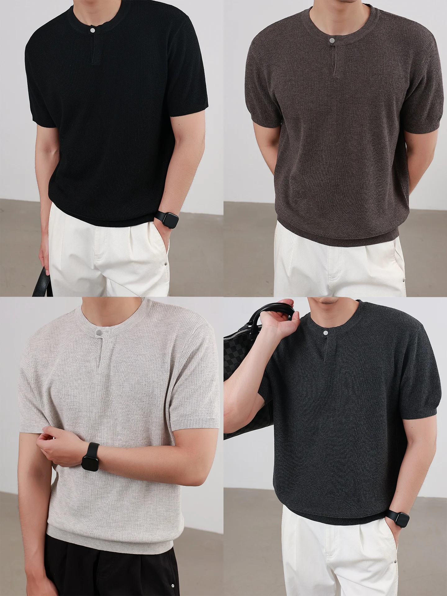 Men's Business Short Sleeve Knitted Shirt Single Button Double Fiber Mix 300G Pure Color Base Layer Autumn Top